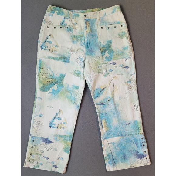 Chico’s Linen Blend Coastal Style Fish Postcard Print Cropped Pants Size 2.5 - Picture 1 of 7